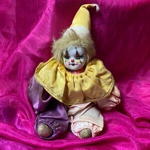 Whimsical Porcelain Head Clown Doll with Cloth Body
